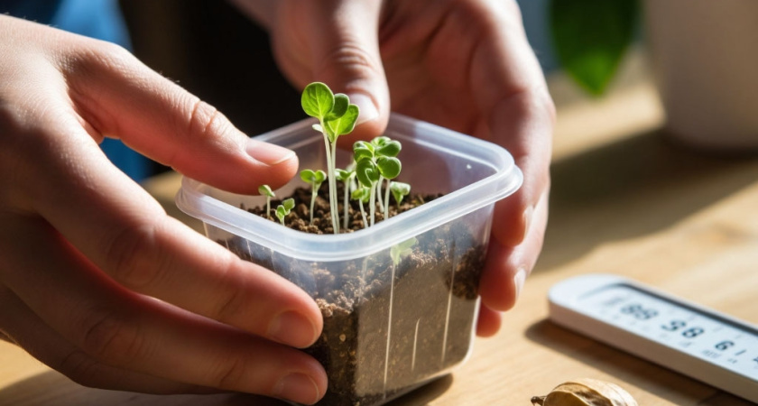 Выдерживаю семена перца в теплой воде всего 6 часов до всходов. Корешки на 3 сутки