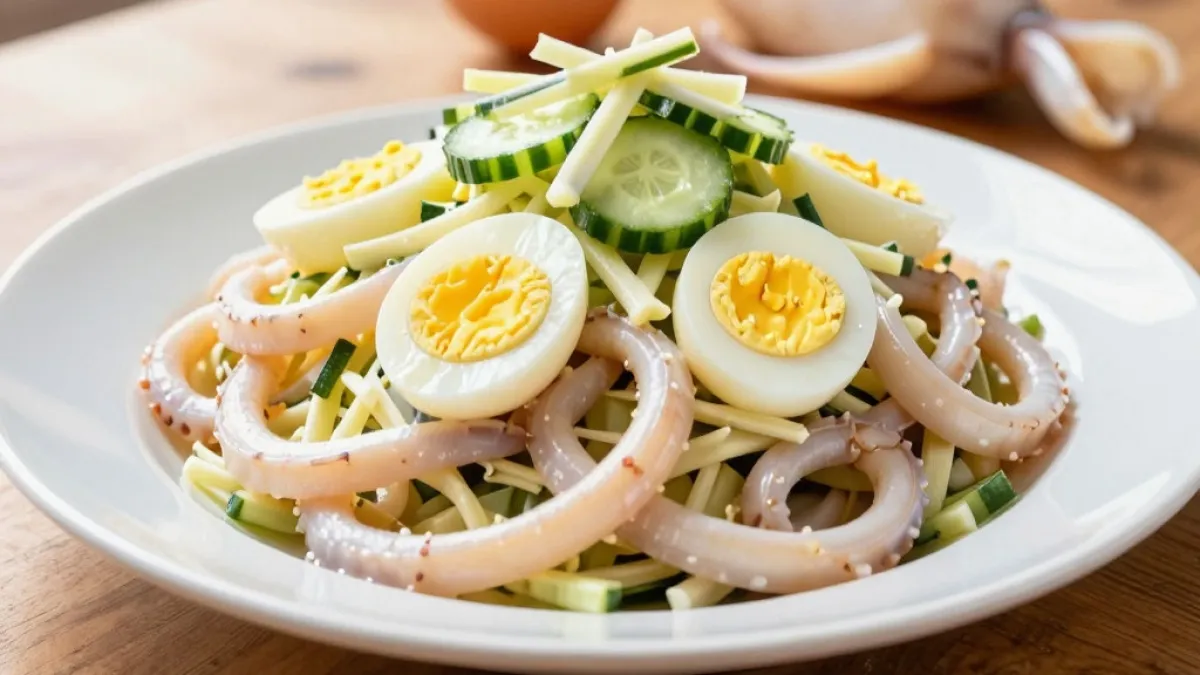 Сделала новый салат с кальмарами и обалдела: 10 минут готовки, а вкус изумительный — легкий, сочный и сытный