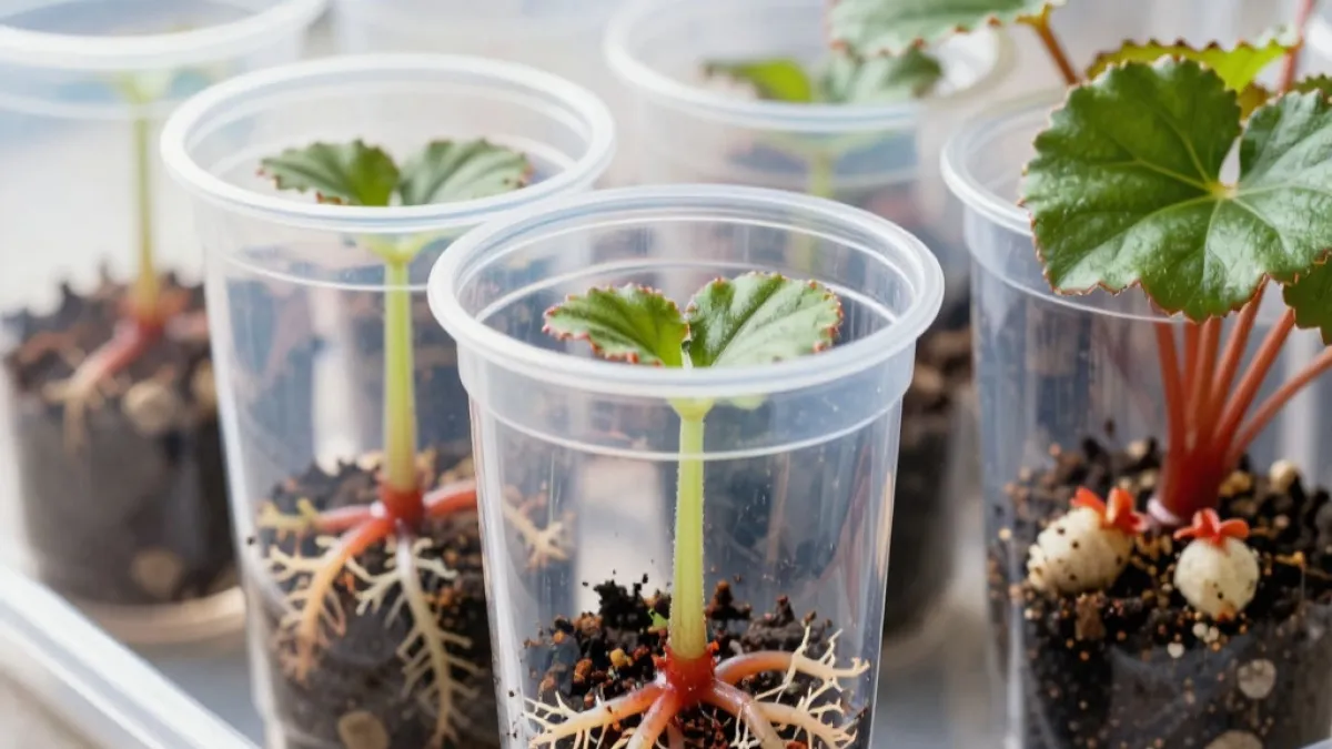 Мой новый способ черенкования бегонии: мощные корни лезут щеткой из всех щелей и рвут стволик