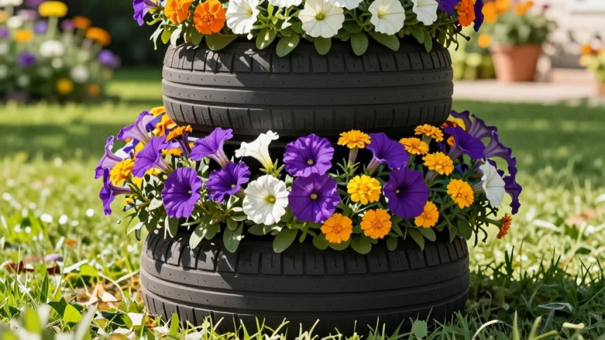 Старые шины в гараж теперь не ставлю: тренд 2026 — клумбы-ярусы из покрышек, которые видны с пятого этажа